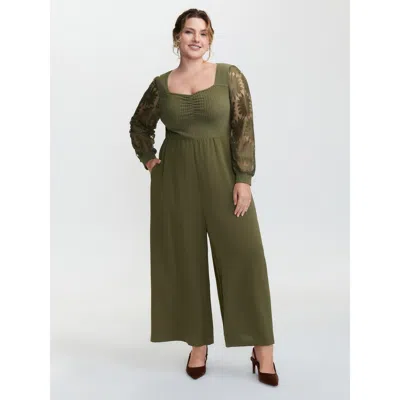 Bloomchic Women's Plus Size Lace Trim Ruched Velvety Bodice Jumpsuit Armygreen Elegant 10/m