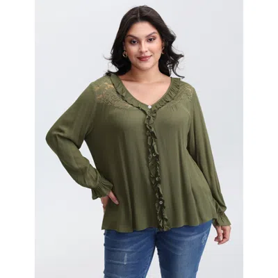 Bloomchic Women's Plus Size Lace Trim Ruffled Edge Button Blouse Armygreen Non Elegant Extra Long Sleeve 10/m