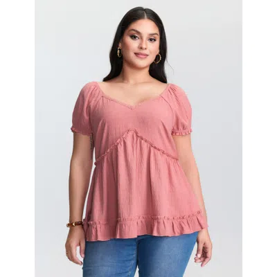 Bloomchic Women's Plus Size Lace Trim Ruffled Hem Plain Blouse Crepe Synthetic Texture Elegant Cap Sleeve 28/5