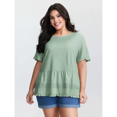 Bloomchic Women's Plus Size Lace Trim Ruffled Hem Plain Knit Top Greenbean Short Sleeve Casual 12/l