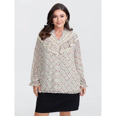 Bloomchic Women's Plus Size Lace Trim Ruffled Lettuce Edge Blouse Apricot Ditsy Floral Elegant Extra Long Slee In Orange