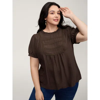 Bloomchic Women's Plus Size Lace Trim Ruffled Neck Solid Blouse Darkbrown Non Vacation Short Sleeve 22-24/3x In Brown
