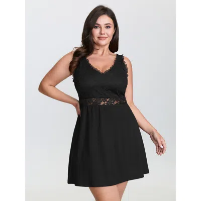 Bloomchic Women's Plus Size Lace Trim Semi-sheer Waist Nightgown Black Sleeveless Mini V-neck 18-20/2x