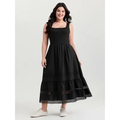 Bloomchic Women's Plus Size Lace Trim Sheer Button Placket Midi Dress Black Non Midi Casual Woven Ribbon&lace 