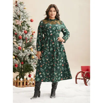 Bloomchic Women's Plus Size Lace Trim Sheer Neckline Midi Dress Truegreen Non Midi Everyday Woven Ribbon&lace 