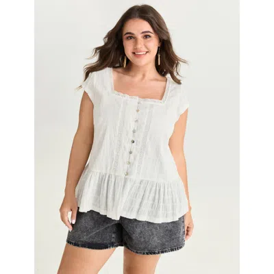 Bloomchic Women's Plus Size Lace Trim Sheer Ruffled Hem Blouse Opticwhite Solid Vacation Short Sleeve Square N In White