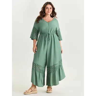 Bloomchic Women's Plus Size Lace Trim Sheer Sleeve Jumpsuit Teal Vacation 18-20/2x In Blue