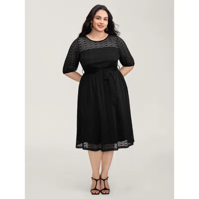 Bloomchic Women's Plus Size Lace Trim Sheer Stretchy Waist Midi Dress Black Synthetic Texture Midi Elegant Pat