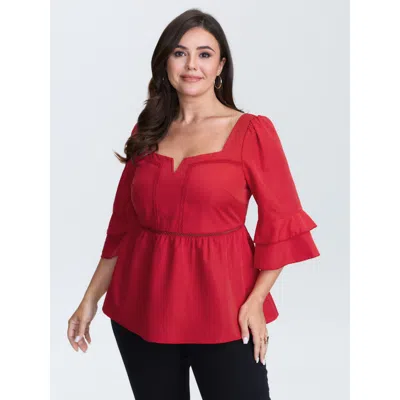 Bloomchic Women's Plus Size Lace Trim Shirred Back Flared Blouse Crimson Solid Elegant 3/4 Sleeve Square Neck  In Red