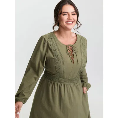 Bloomchic Women's Plus Size Lace Trim Shirred Back Pockets Midi Dress Moss Synthetic Texture Midi Elegant 22-2 In Green