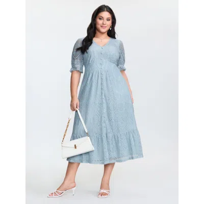 Bloomchic Women's Plus Size Lace Trim Shirred Button Detail Midi Dress Lightblue Synthetic Texture Midi Elegan In Blue