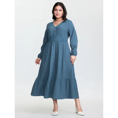 Bloomchic Women's Plus Size Lace Trim Shirred Pocket Maxi Dress Stone Synthetic Texture Maxi Elegant Smocked 1 In Gray