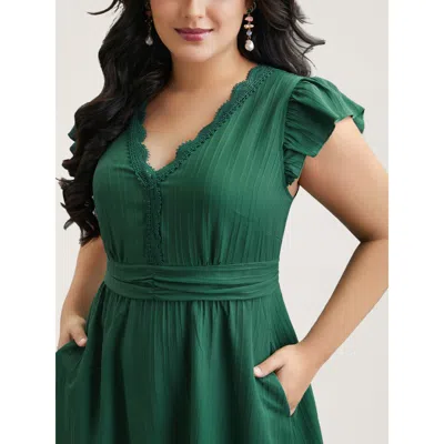 Bloomchic Women's Plus Size Lace Trim Stitch Textured Waist-defined Midi Dress Emerald Solid Midi Elegant Patc In Green