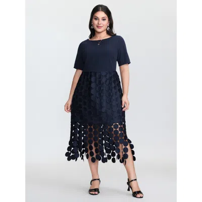 Bloomchic Women's Plus Size Lace Trim Tassels Stretchy Waist Midi Dress Darkblue Synthetic Texture Midi Elegan In Blue