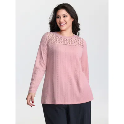 Bloomchic Women's Plus Size Lace Trim Textured Cut-out T-shirt Lightpink Solid Casual Long Sleeve Round Neck 1