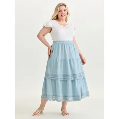 Bloomchic Women's Plus Size Lace Trim Tiered Plain Maxi Skirt Lightblue A-line Elegant 22-24/3x In Blue