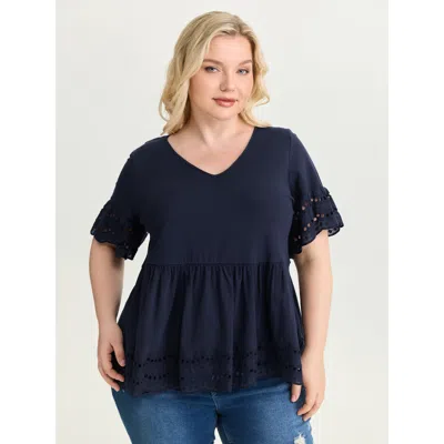 Bloomchic Women's Plus Size Lace Trim V-neck Plain Knit Top Darkblue Short Sleeve Elegant 10/m In Blue