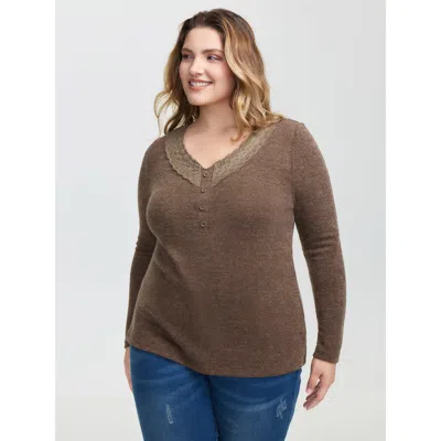 Bloomchic Women's Plus Size Lace Trim V-neck Stretchy T-shirt Yellowishbrown Non Casual Long Sleeve 10/m