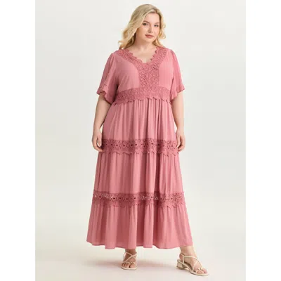 Bloomchic Women's Plus Size Lace Trim V-neckline Tiered Maxi Dress Watermelon Non Maxi Elegant 10/m In Green