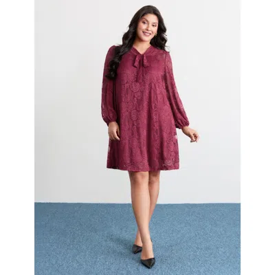 Bloomchic Women's Plus Size Lace Two-piece Knotted Midi Dress Burgundy Non Short Elegant See Through 12/l