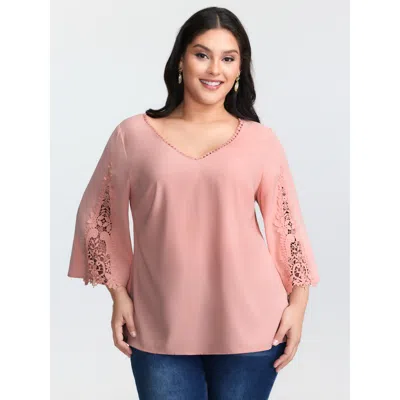Bloomchic Women's Plus Size Lace V-neckline Cut-out Sleeve Blouse Nudepink Synthetic Texture Elegant 3/4 Sleev