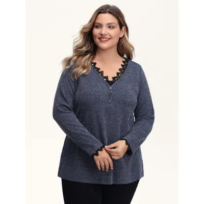 Bloomchic Women's Plus Size Lace V-neckline Solid T-shirt Indigo Non Casual Long Sleeve 10/m In Purple