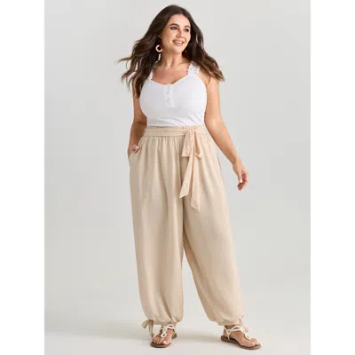 Bloomchic Women's Plus Size Lace Waist-tie Cuffed Hem Pants Apricot Solid Jogger Mid Rise Vacation 12/l In Orange