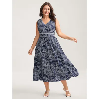 Bloomchic Women's Plus Size Lace-like Print Cinched-waist Midi Dress Navy Floral Midi Elegant 30/6x In Blue