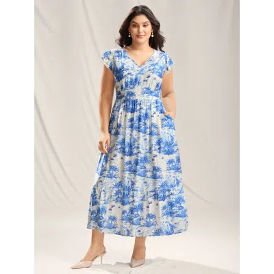 Bloomchic Women's Plus Size Landscape Floral Print Cinched-waist Maxi Dress Skyblue Landscape Pattern Maxi Ele In Blue