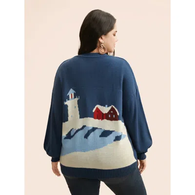 Bloomchic Women's Plus Size Landscape Pattern Drop Shoulder Sleeve Cardigan Mediumblue Long Sleeve 12/l