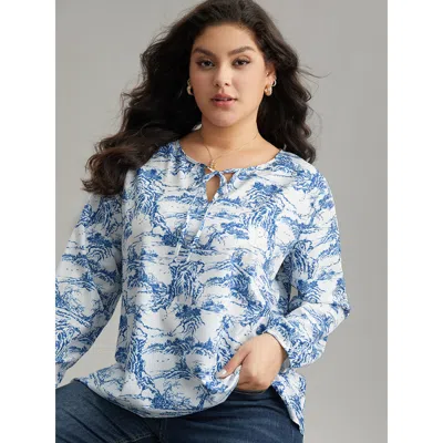 Bloomchic Women's Plus Size Landscape Print Tie Neck Blouse Blue Dailywear Long Sleeve 12/l