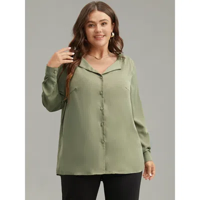 Bloomchic Women's Plus Size Lapel Collar Button Up Blouse Armygreen Office Long Sleeve 12/l