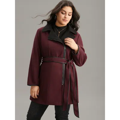 Bloomchic Women's Plus Size Lapel Collar Contrast Patchwork Zipper Belted Coat Burgundy Lined 12/l