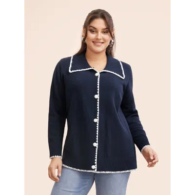 Bloomchic Women's Plus Size Lapel Collar Contrast Trim Cardigan Indigo Long Sleeve 12/l In Purple