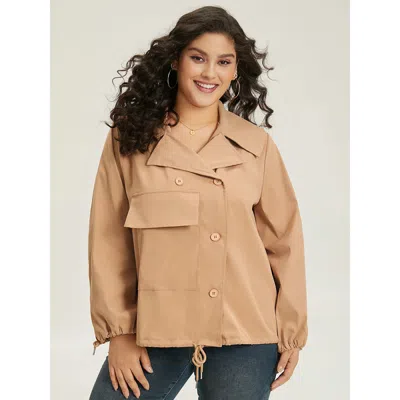 Bloomchic Women's Plus Size Lapel Collar Drawstring Pocket Button Detail Coat Lightbrown Elastic Cuffs 12/l In Brown