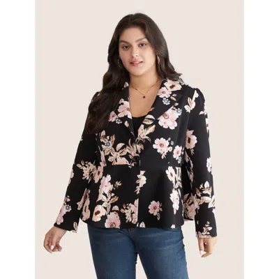 Bloomchic Women's Plus Size Lapel Collar Floral Button Up Blazer Blackflower Floral Lined Sleeve Long Sleeve 1
