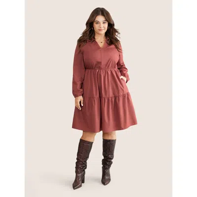 Bloomchic Women's Plus Size Lapel Collar Gathered Pocket Lantern Sleeve Dress Russet Dailywear Gathered 12/l In Brown