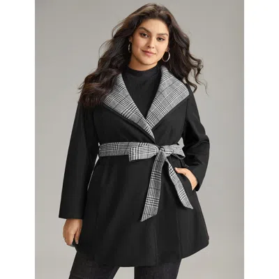 Bloomchic Women's Plus Size Lapel Collar Patchwork Belted Contrast Coat Black Lined 10/m