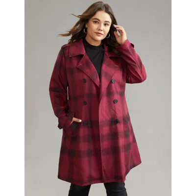Bloomchic Women's Plus Size Lapel Collar Plaid Belted Double Breasted Coat Scarlet Lined 10/m In Red