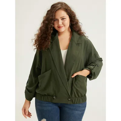 Bloomchic Women's Plus Size Lapel Collar Solid Gathered Tab Sleeve Jacket Armygreen Plain 12/l