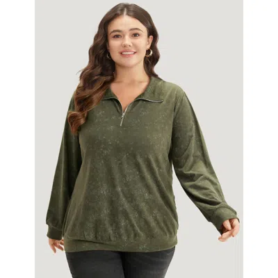 Bloomchic Women's Plus Size Lapel Collar Zipper Elastic Hem Sweatshirt Armygreen Plain Dailywear 10/m