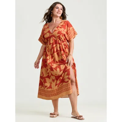 Bloomchic Women's Plus Size Large Floral Print Bustier V-neck Midi Dress Orangered Floral Midi Vacation Slit 1