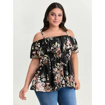 Bloomchic Women's Plus Size Large Floral Print Cold-shoulder Blouse Black Floral Elegant Short Sleeve Off-shou