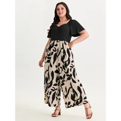 Bloomchic Women's Plus Size Large Floral Print Color Contrast Jumpsuit Black Elegant Fitted 10/m