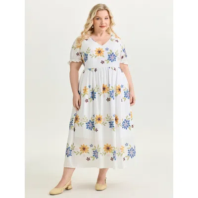 Bloomchic Women's Plus Size Large Floral Print Fit And Flare Midi Dress Beige Ditsy Floral Maxi Elegant Ruffle In Sand