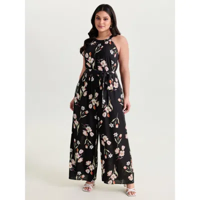 Bloomchic Women's Plus Size Large Floral Print Halter Neckline Jumpsuit Black Elegant Fitted 30/6x