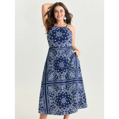 Bloomchic Women's Plus Size Large Floral Print Halter Neckline Maxi Dress Darkblue Ethnic Floral Maxi Vacation In Blue