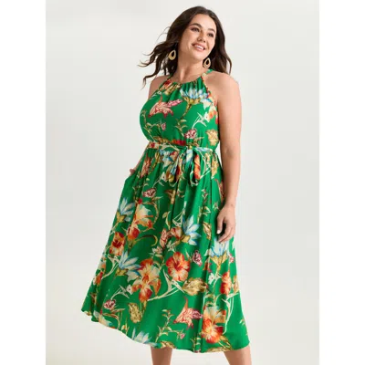 Bloomchic Women's Plus Size Large Floral Print Halter Neckline Midi Dress Truegreen Floral Midi Vacation Lace-