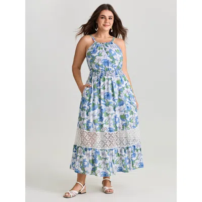 Women's Plus Size Large Floral Print Lace Trim Midi Dress Truegreen Ditsy Floral Midi Vacation Patch from BLOOMCHIC