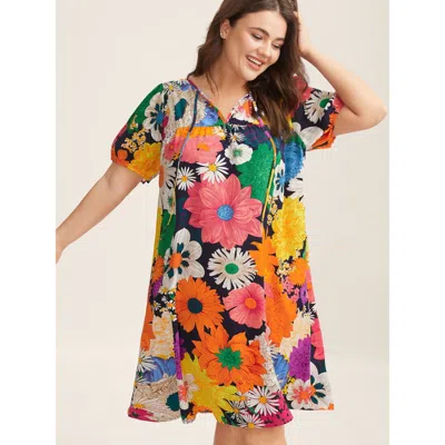 Bloomchic Women's Plus Size Large Floral Print Neck Tie Mini Dress Darkblue Floral Midi Casual Ruched 30/6x In Blue
